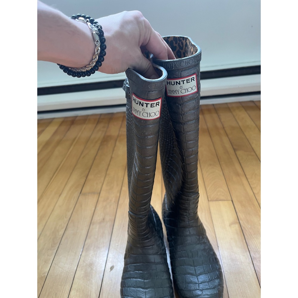 Hunter x Jimmy Choo Croc Embossed Leopard Print Rain Boots Charcoal Grey Tall